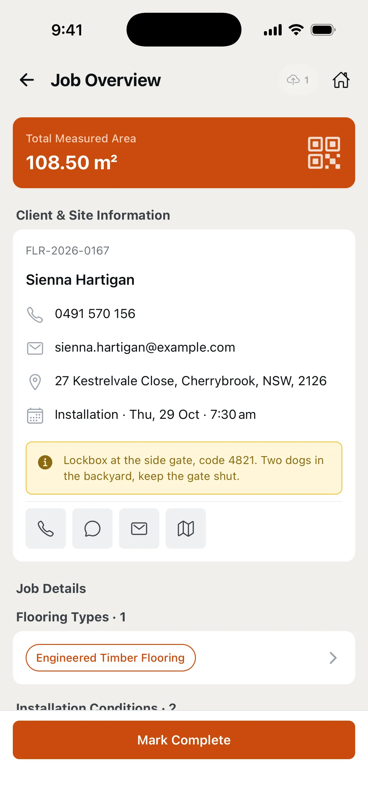 The installer app on a phone: a job's measured area, client and site details, with one change waiting to sync.